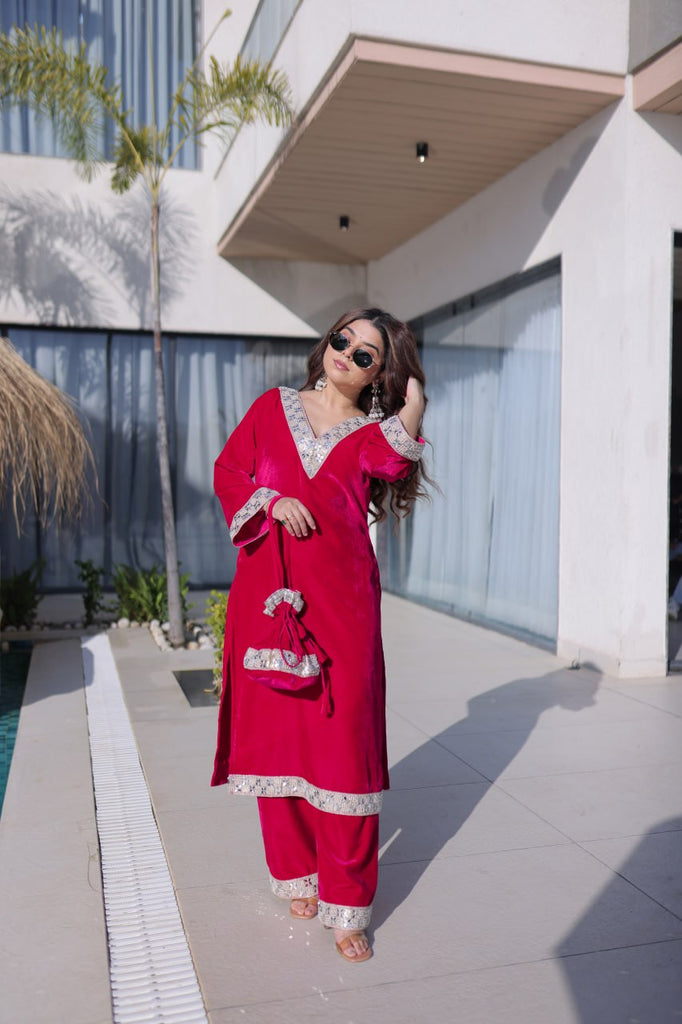 Rani Pink Zari & Real Mirror Work Kurta Pant Set with Batwa Clothsvilla