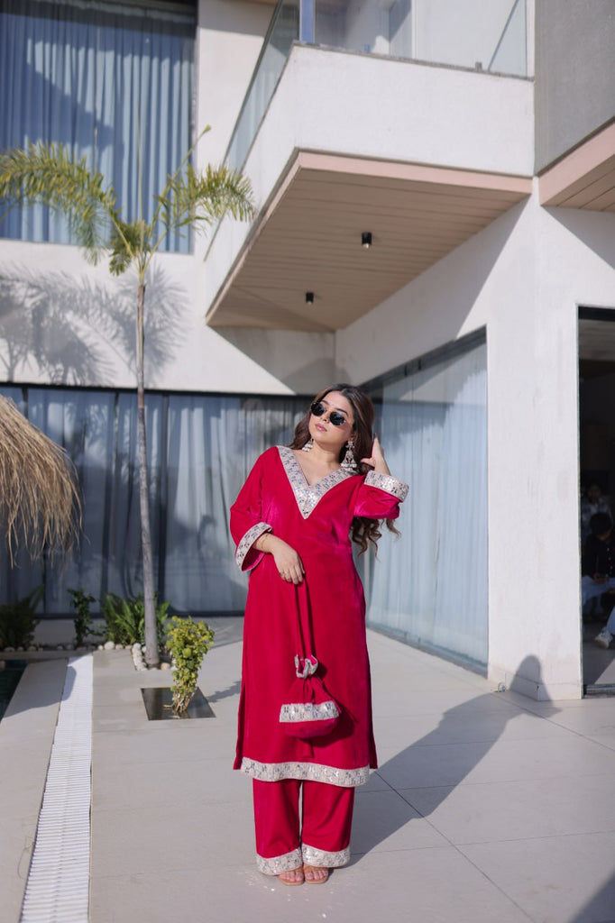 Rani Pink Zari & Real Mirror Work Kurta Pant Set with Batwa Clothsvilla