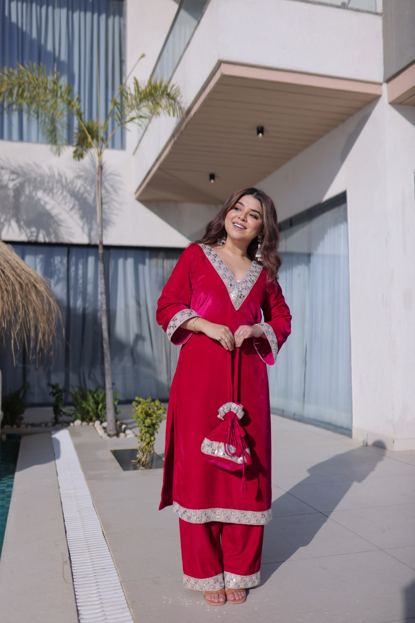 Rani Pink Zari & Real Mirror Work Kurta Pant Set with Batwa Clothsvilla