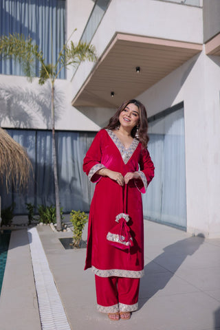 Rani Pink Zari & Real Mirror Work Kurta Pant Set with Batwa Clothsvilla