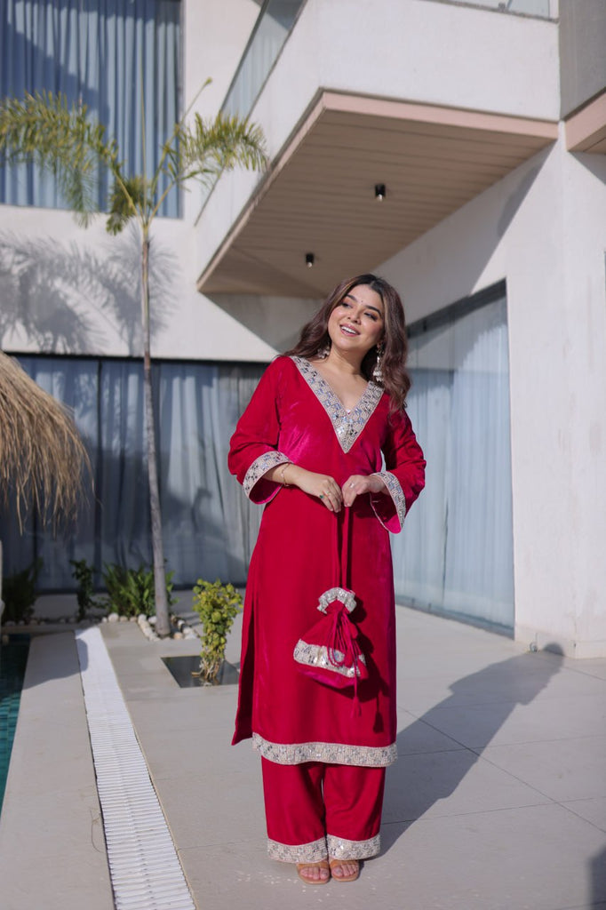 Rani Pink Zari & Real Mirror Work Kurta Pant Set with Batwa Clothsvilla