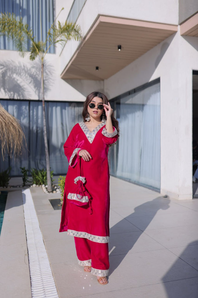 Rani Pink Zari & Real Mirror Work Kurta Pant Set with Batwa Clothsvilla