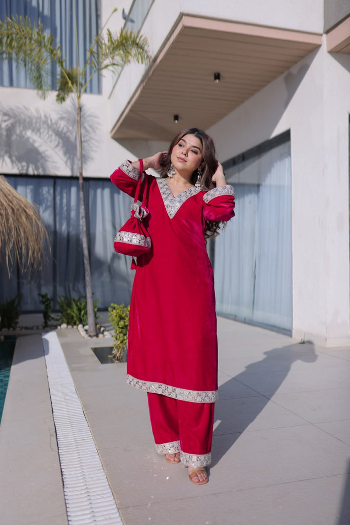 Rani Pink Zari & Real Mirror Work Kurta Pant Set with Batwa Clothsvilla