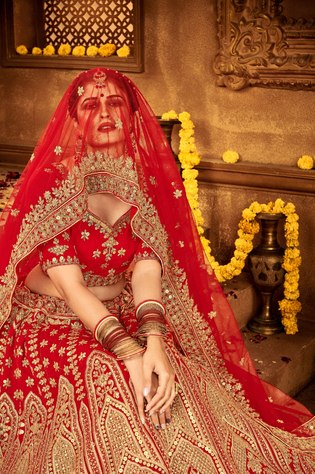 Ravishing Red Velvet Bridal Lehenga Choli Embroidered with Sequins & Stones ClothsVilla