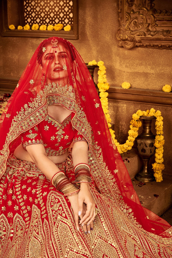 Ravishing Red Velvet Bridal Lehenga Choli Embroidered with Sequins & Stones ClothsVilla