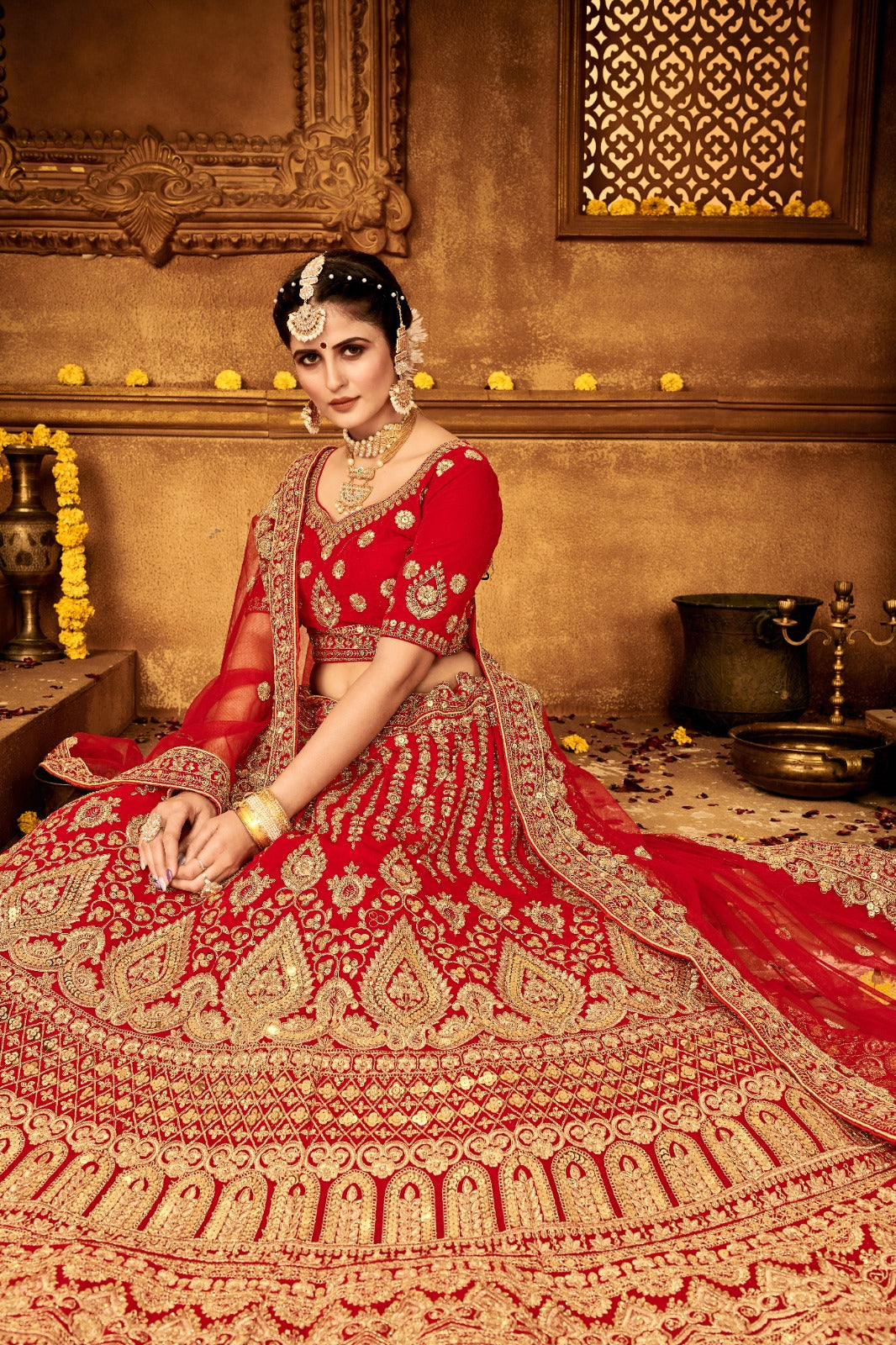 Ravishing Red Velvet Bridal Lehenga Choli Embroidered with Sequins & Stones ClothsVilla