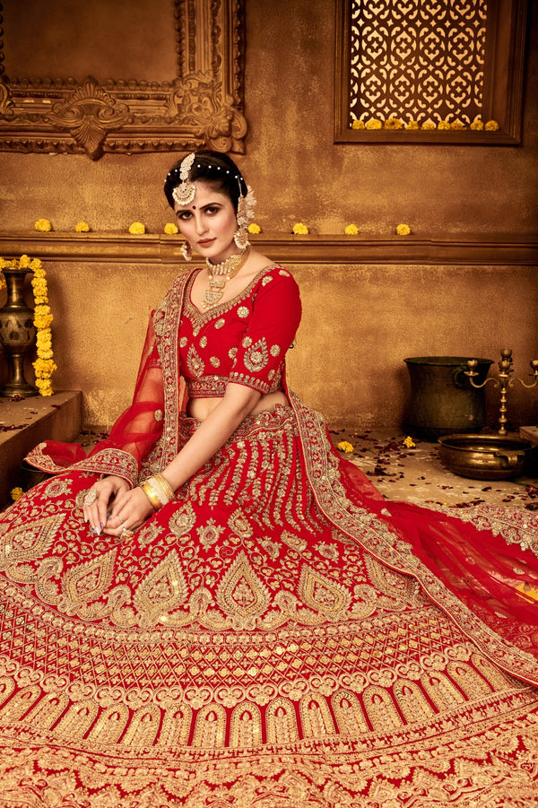 Ravishing Red Velvet Bridal Lehenga Choli Embroidered with Sequins & Stones ClothsVilla