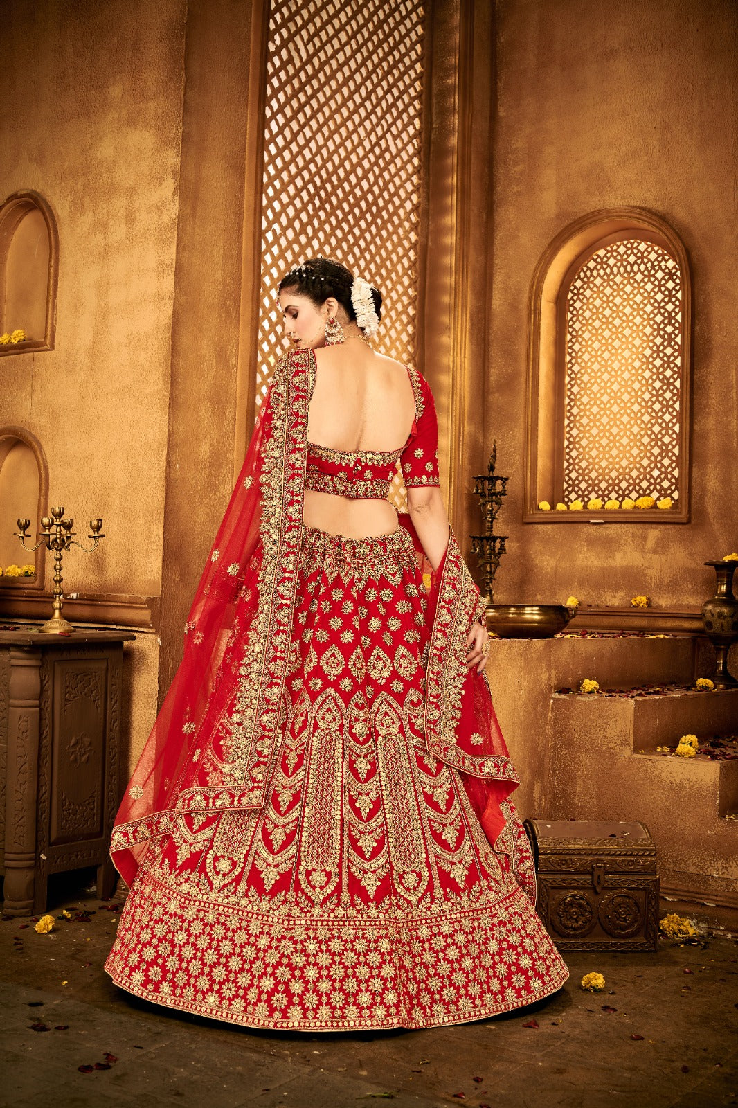 Ravishing Red Velvet Bridal Lehenga Choli Embroidered with Sequins & Stones ClothsVilla