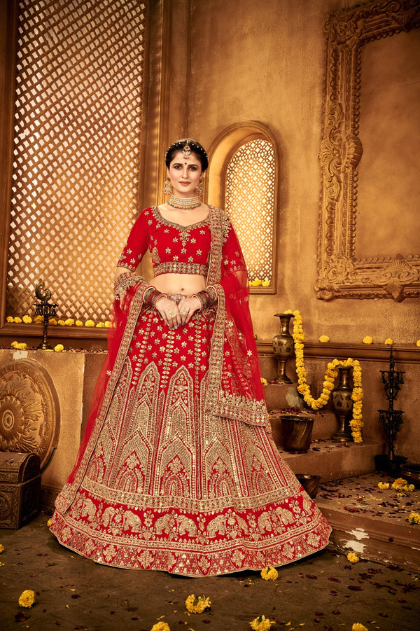 Ravishing Red Velvet Bridal Lehenga Choli Embroidered with Sequins & Stones ClothsVilla