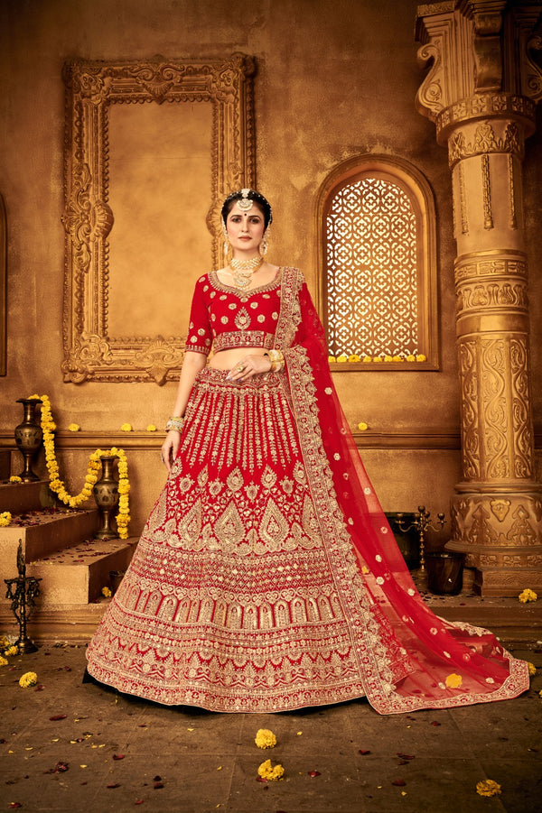 Ravishing Red Velvet Bridal Lehenga Choli Embroidered with Sequins & Stones ClothsVilla