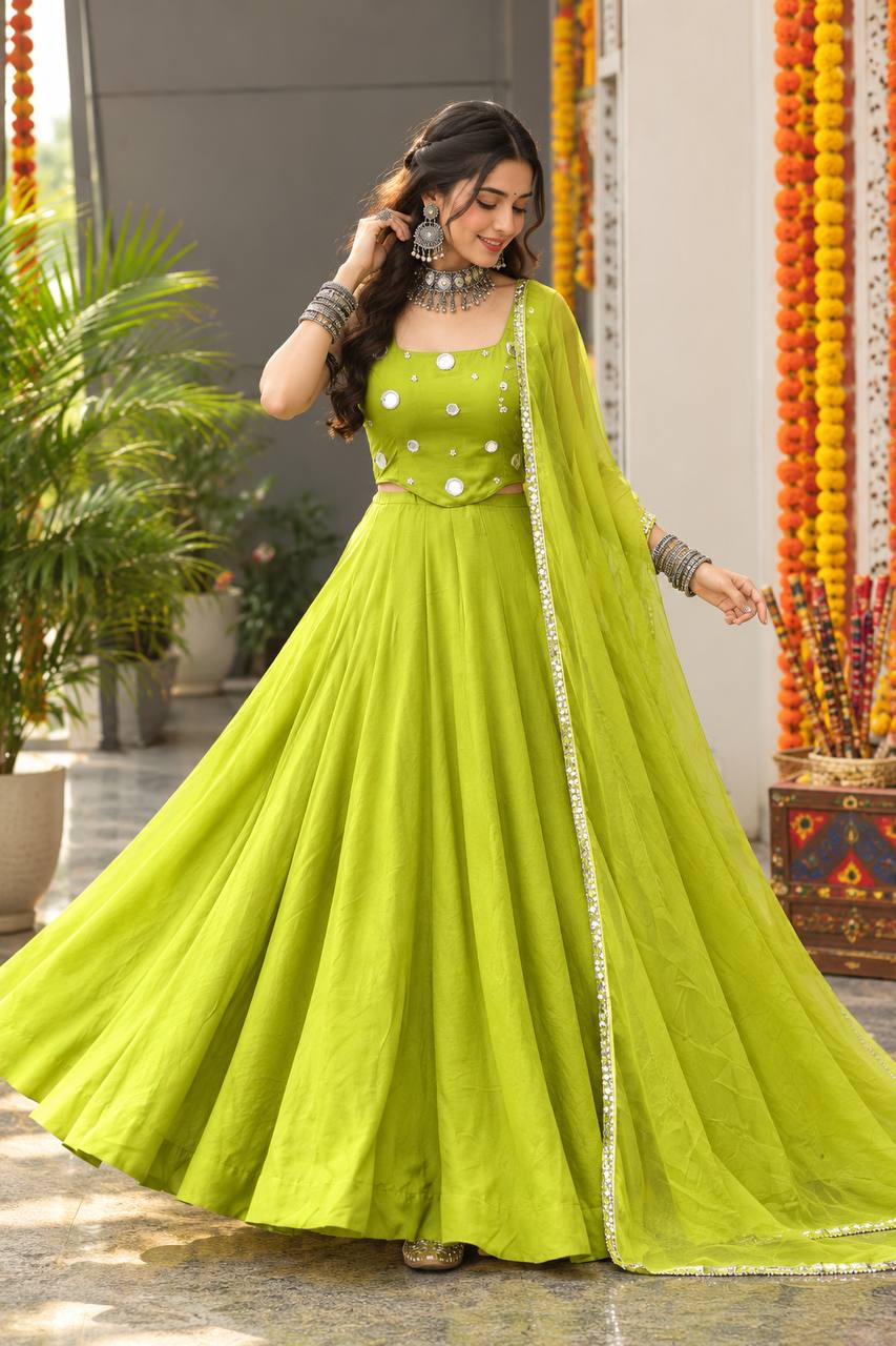 Lime Green Rayon Cotton Mirror Work Lehenga Choli ClothsVilla