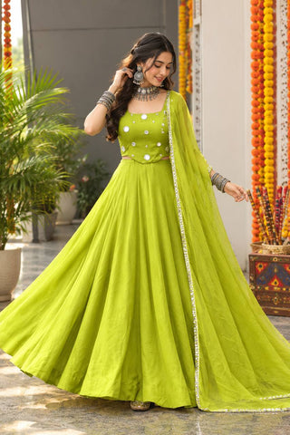 Lime Green Rayon Cotton Mirror Work Lehenga Choli ClothsVilla