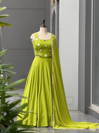 Lime Green Rayon Cotton Mirror Work Lehenga Choli ClothsVilla