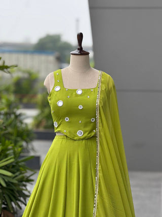 Lime Green Rayon Cotton Mirror Work Lehenga Choli ClothsVilla