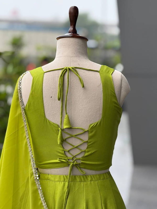 Lime Green Rayon Cotton Mirror Work Lehenga Choli ClothsVilla