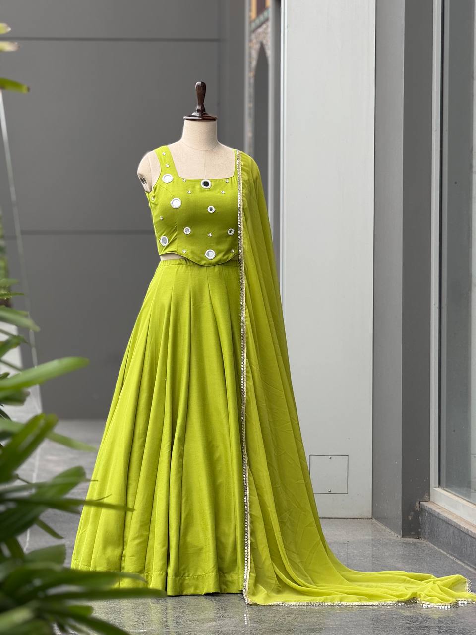Lime Green Rayon Cotton Mirror Work Lehenga Choli ClothsVilla