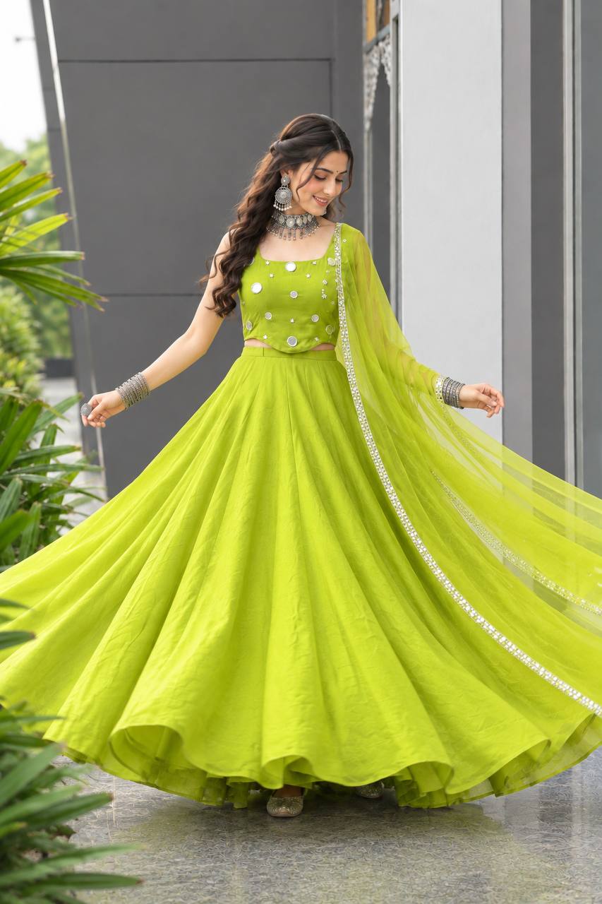 Lime Green Rayon Cotton Mirror Work Lehenga Choli ClothsVilla