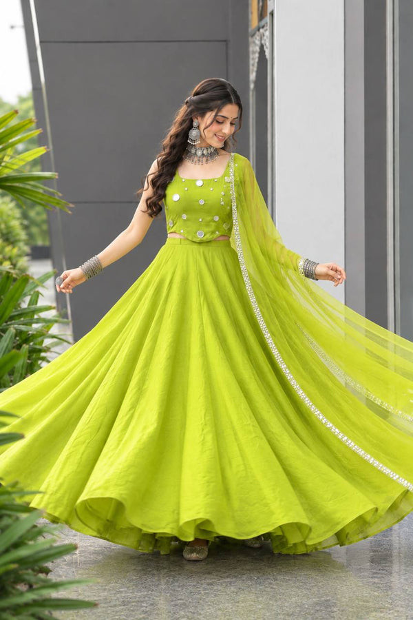 Lime Green Rayon Cotton Mirror Work Lehenga Choli ClothsVilla
