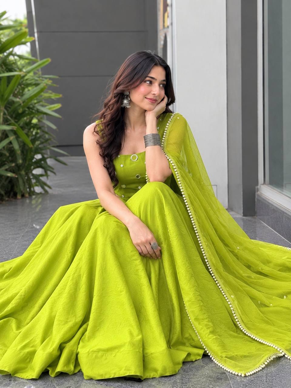 Lime Green Rayon Cotton Mirror Work Lehenga Choli ClothsVilla