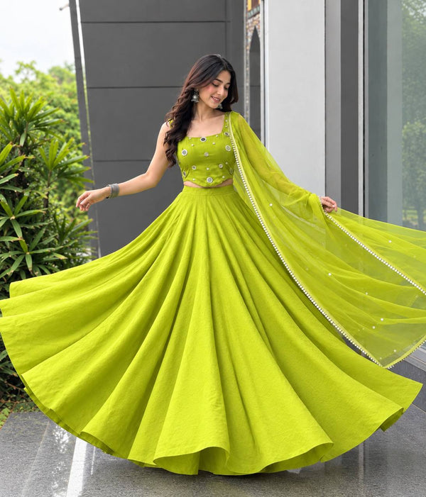 Lime Green Rayon Cotton Mirror Work Lehenga Choli ClothsVilla