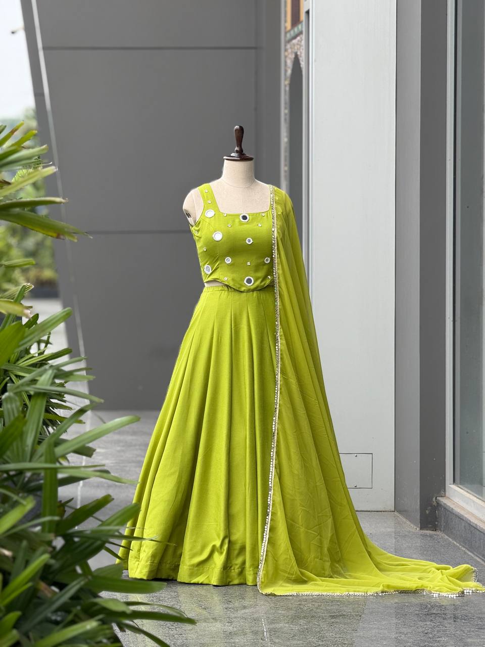 Lime Green Rayon Cotton Mirror Work Lehenga Choli ClothsVilla
