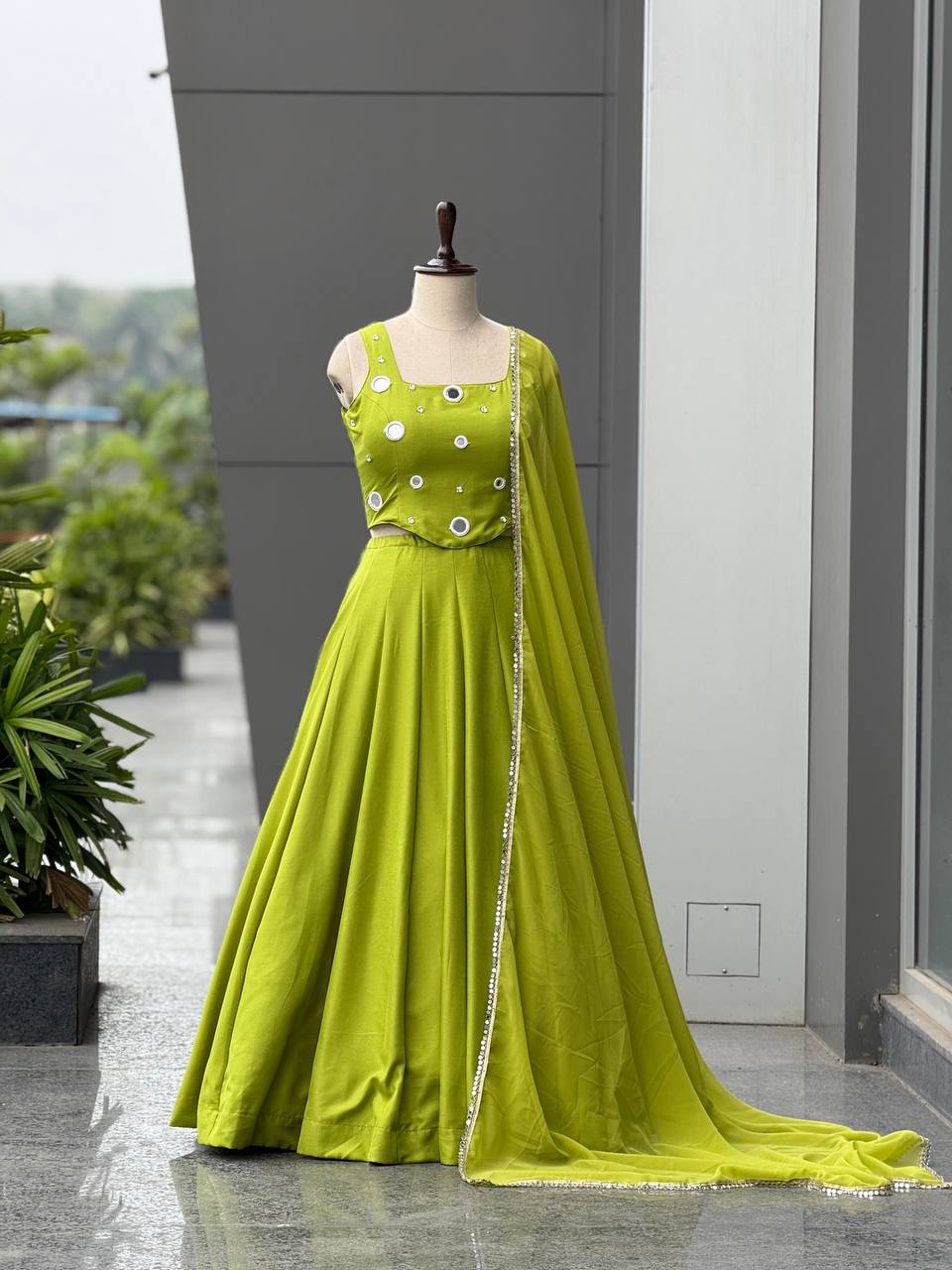 Lime Green Rayon Cotton Mirror Work Lehenga Choli ClothsVilla