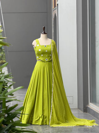 Lime Green Rayon Cotton Mirror Work Lehenga Choli ClothsVilla