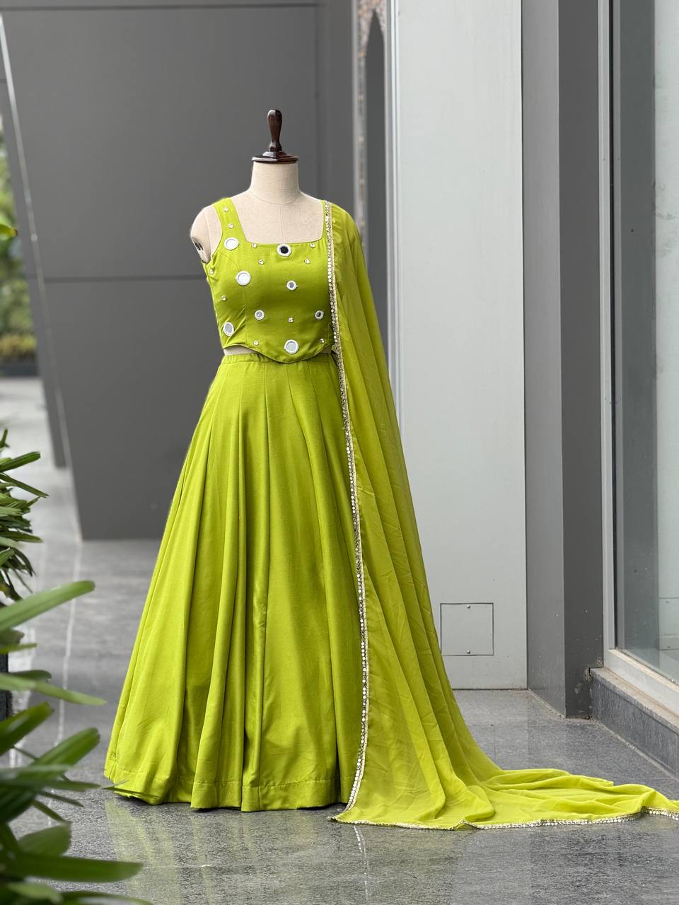 Lime Green Rayon Cotton Mirror Work Lehenga Choli ClothsVilla