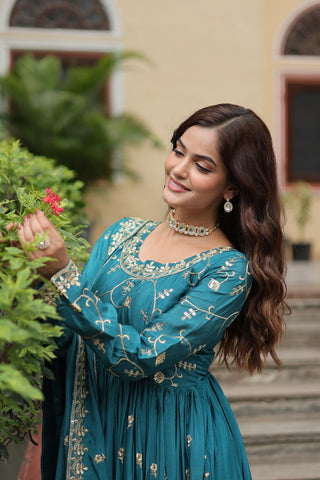 Premium Designer Readymade Top-Sharara-Dupatta  Sequins Embroidered Chinon Suit Rama Colour Clothsvilla