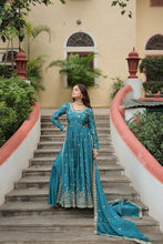 Load image into Gallery viewer, Premium Designer Readymade Top-Sharara-Dupatta  Sequins Embroidered Chinon Suit Rama Colour Clothsvilla