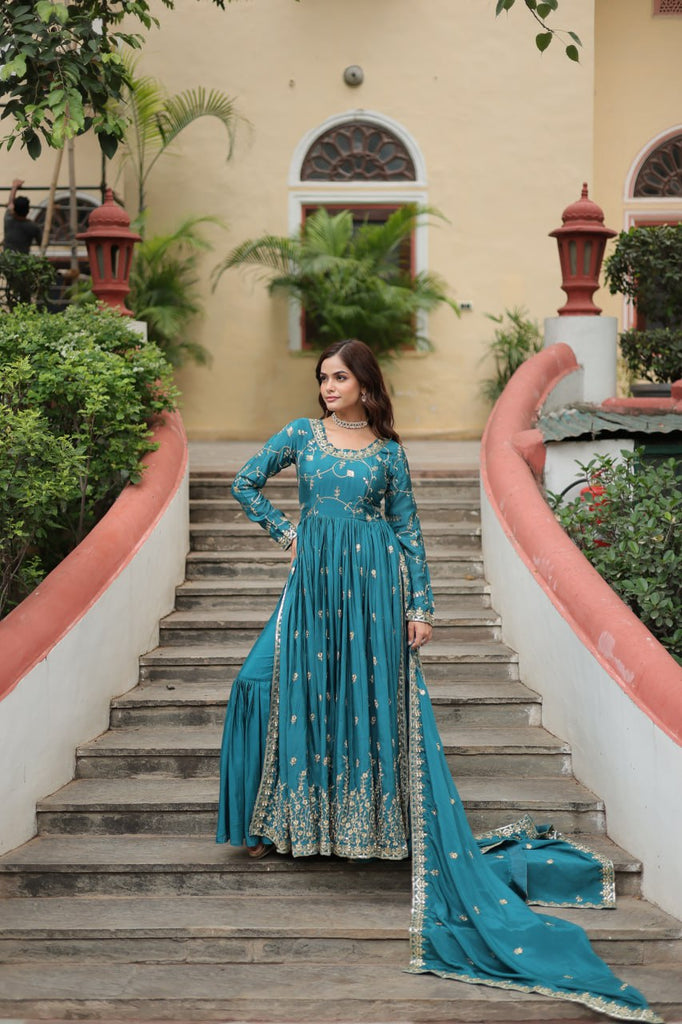 Premium Designer Readymade Top-Sharara-Dupatta  Sequins Embroidered Chinon Suit Rama Colour Clothsvilla