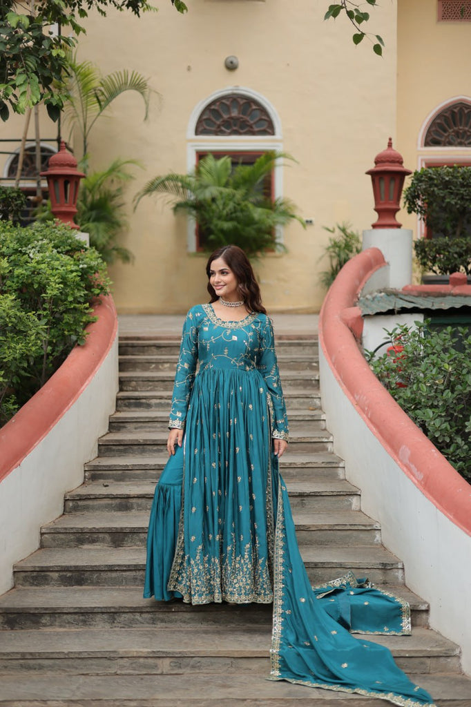 Premium Designer Readymade Top-Sharara-Dupatta  Sequins Embroidered Chinon Suit Rama Colour Clothsvilla