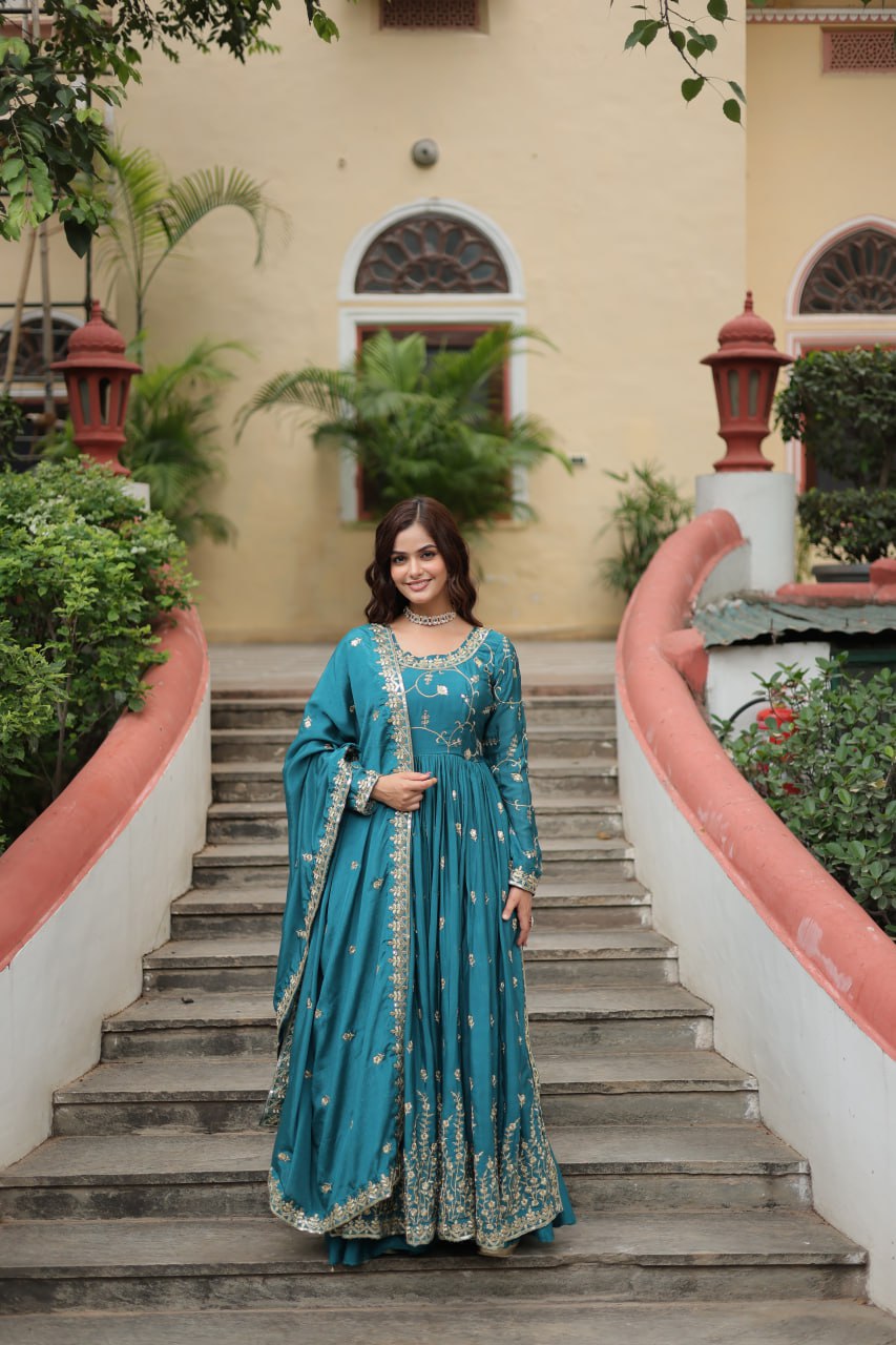 Premium Designer Readymade Top-Sharara-Dupatta  Sequins Embroidered Chinon Suit Rama Colour Clothsvilla Main image