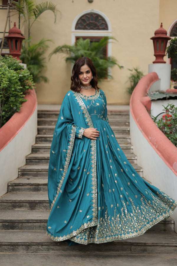 Premium Designer Readymade Top-Sharara-Dupatta  Sequins Embroidered Chinon Suit Rama Colour Clothsvilla