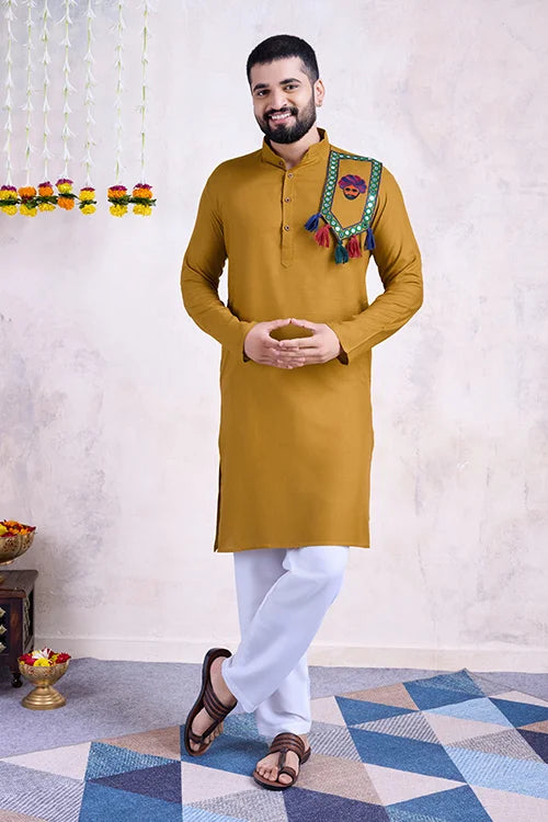 Real Mirror Work Navratri Special Yellow Color Mens Wear Kurta Collection Clothsvilla