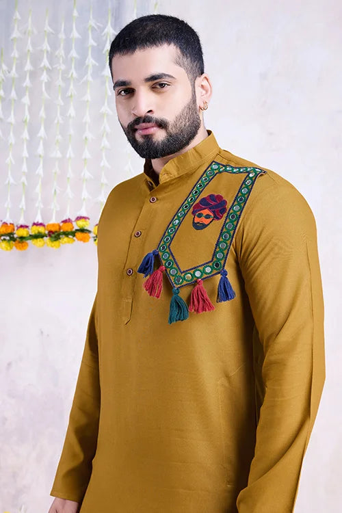 Real Mirror Work Navratri Special Yellow Color Mens Wear Kurta Collection Clothsvilla