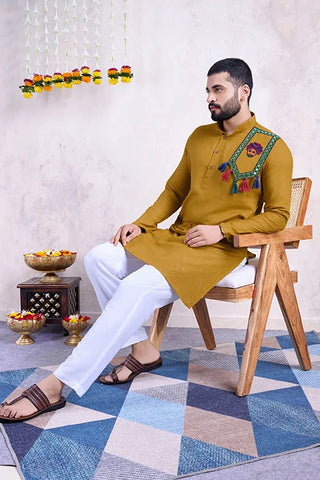 Real Mirror Work Navratri Special Yellow Color Mens Wear Kurta Collection Clothsvilla
