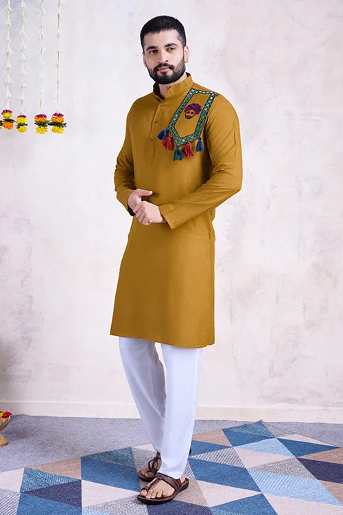 Real Mirror Work Navratri Special Yellow Color Mens Wear Kurta Collection Clothsvilla