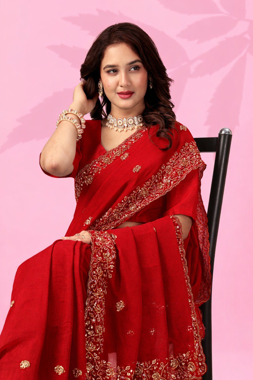 Red Art Silk Sequins Saree ClothsVilla