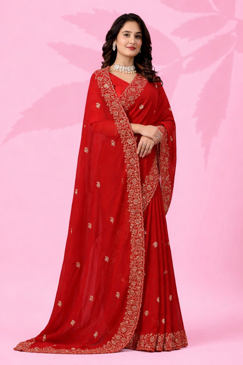 Red Art Silk Sequins Saree Secondary image