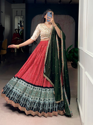 Red Bandhej & Ajrakh Printed Lehenga Choli Set ClothsVilla