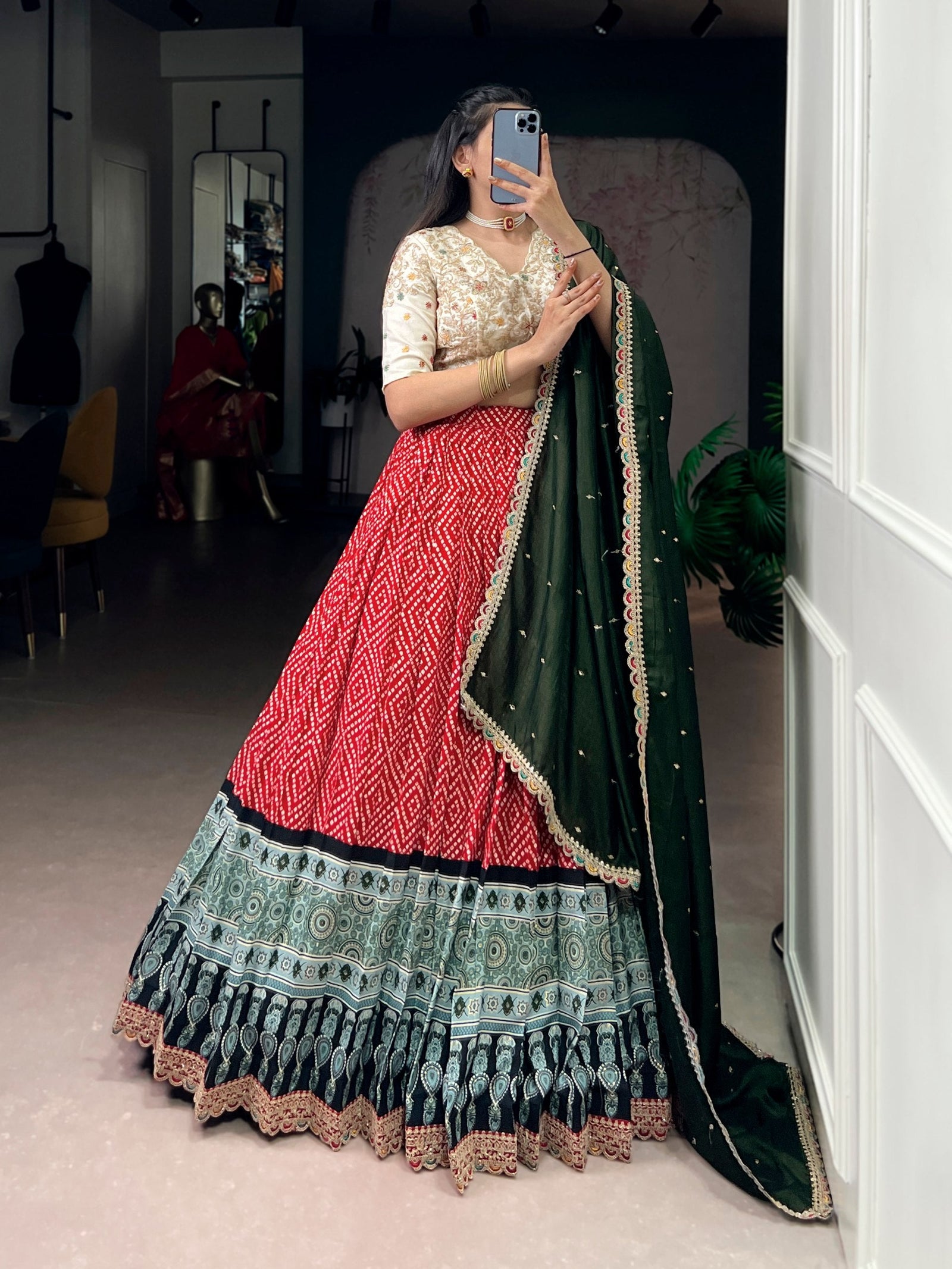 Red Bandhej & Ajrakh Printed Lehenga Choli Set ClothsVilla