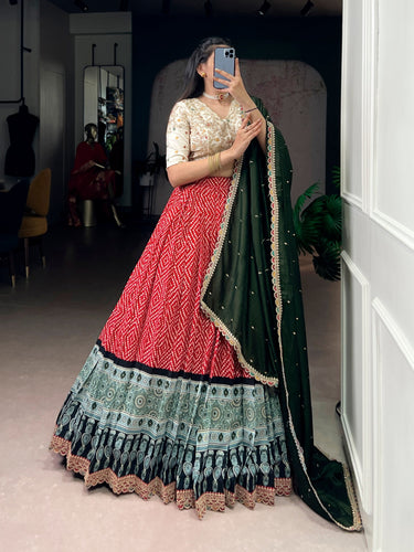 Red Bandhej & Ajrakh Printed Lehenga Choli Set ClothsVilla