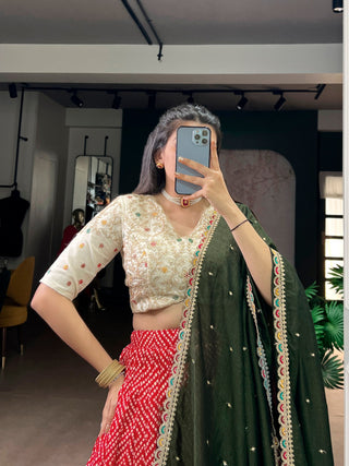Red Bandhej & Ajrakh Printed Lehenga Choli Set ClothsVilla