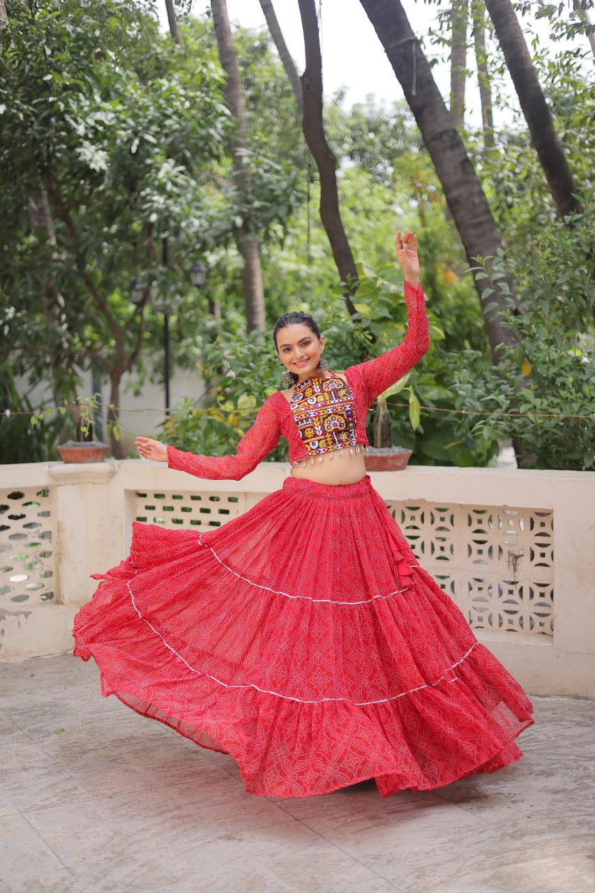 Red Bandhej Print Faux Georgette Lehenga Choli Set with Gotta Patti & Gamthi Embroidery – Stitched ClothsVilla