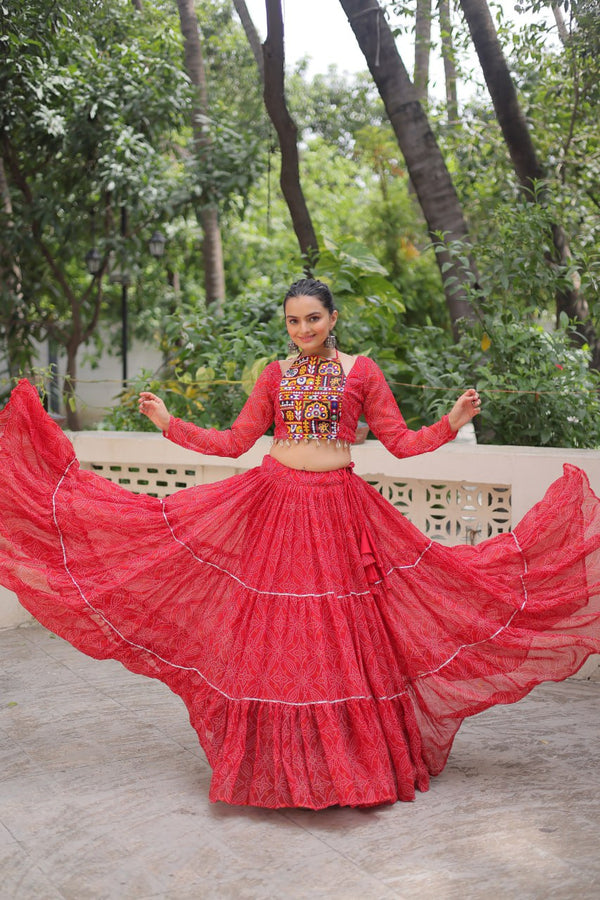 Red Bandhej Print Faux Georgette Lehenga Choli Set with Gotta Patti & Gamthi Embroidery – Stitched ClothsVilla