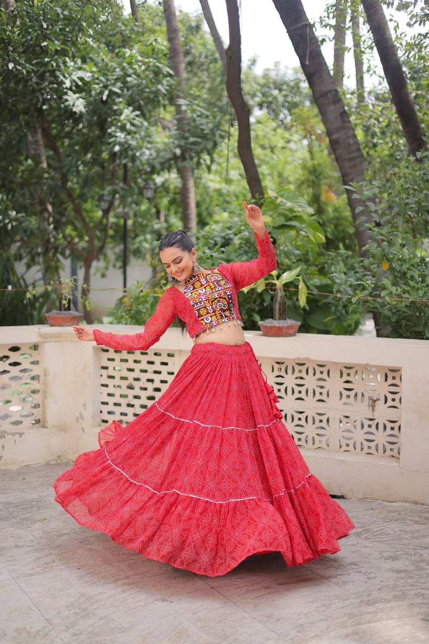 Red Bandhej Print Faux Georgette Lehenga Choli Set with Gotta Patti & Gamthi Embroidery – Stitched ClothsVilla