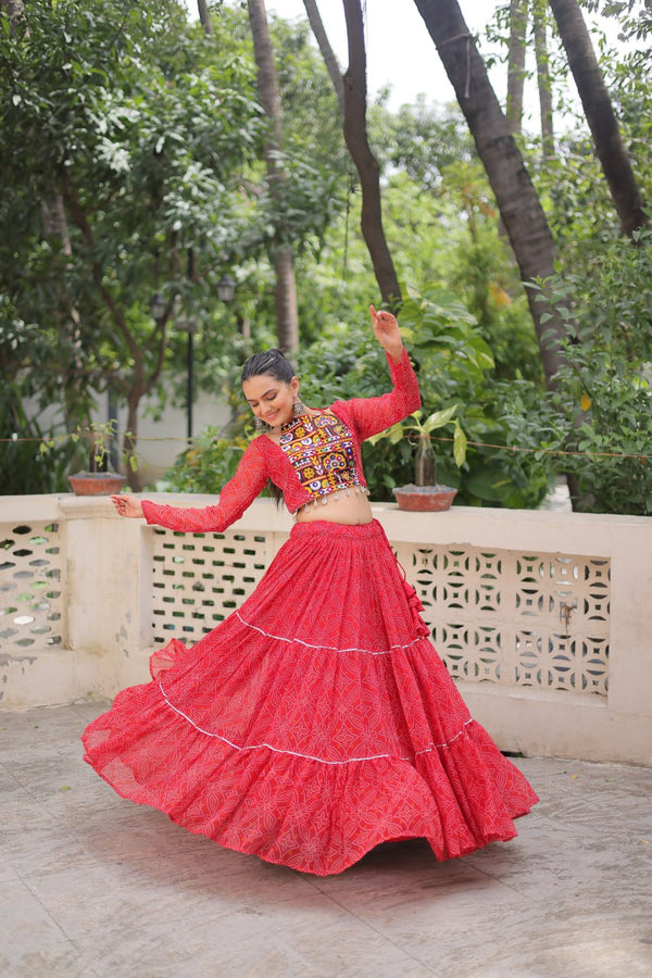 Red Bandhej Print Faux Georgette Lehenga Choli Set with Gotta Patti & Gamthi Embroidery – Stitched ClothsVilla