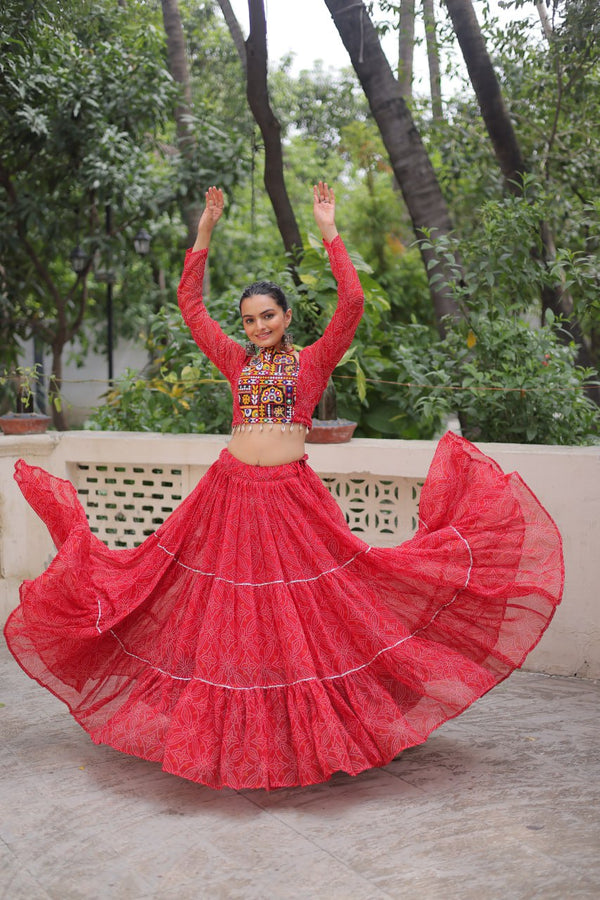 Red Bandhej Print Faux Georgette Lehenga Choli Set with Gotta Patti & Gamthi Embroidery – Stitched ClothsVilla