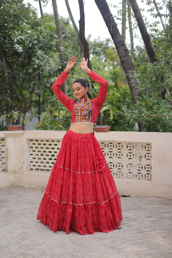Red Bandhej Print Faux Georgette Lehenga Choli Set with Gotta Patti & Gamthi Embroidery – Stitched ClothsVilla